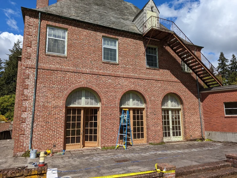 Historic building renovation with exterior scaffolding